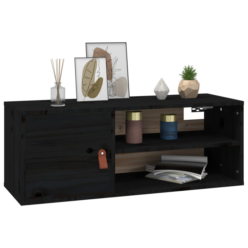 2 Piece Pine Solid Wood Floating Shelf, Black