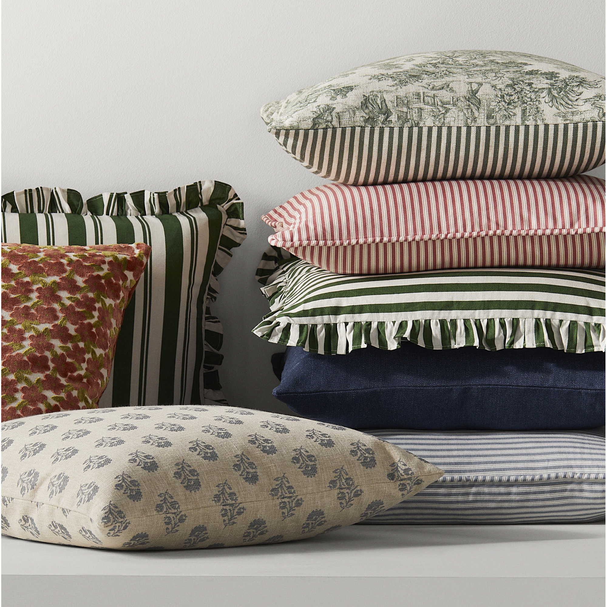 Aneatra Ruffled Cotton Throw Pillow, Green Striped, Down, 20"H x 20"W