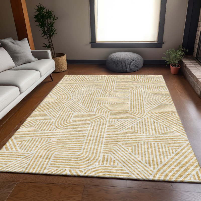 Premium Machine Washable Prisco Gold Rug, Rectangle 3' x 5'