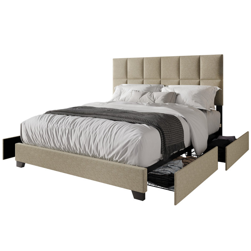 Lit plateforme tapissier avec rangement Lawi, Double, Beige foncé