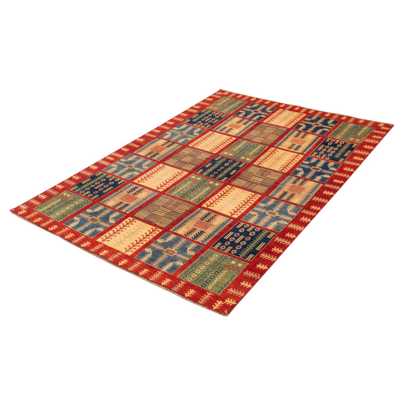 Tapis orange / bleu / vert noué à la main de conception unique 6 pi 6 po x 9 pi 8 po Anngela
