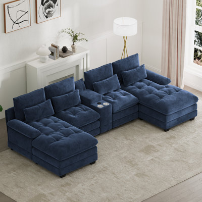 Oversized 130"W 4 Piece U-Shape Sectional With Console & Cup Holders