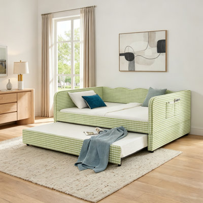 Daybed, Gingham Upholstered 3-in-1 Versatile Convertible Sofa Bed with Pull-Out Trundle & Side Storage Pockets, Ideal for Multiple Room Layouts and Small-Space Living
