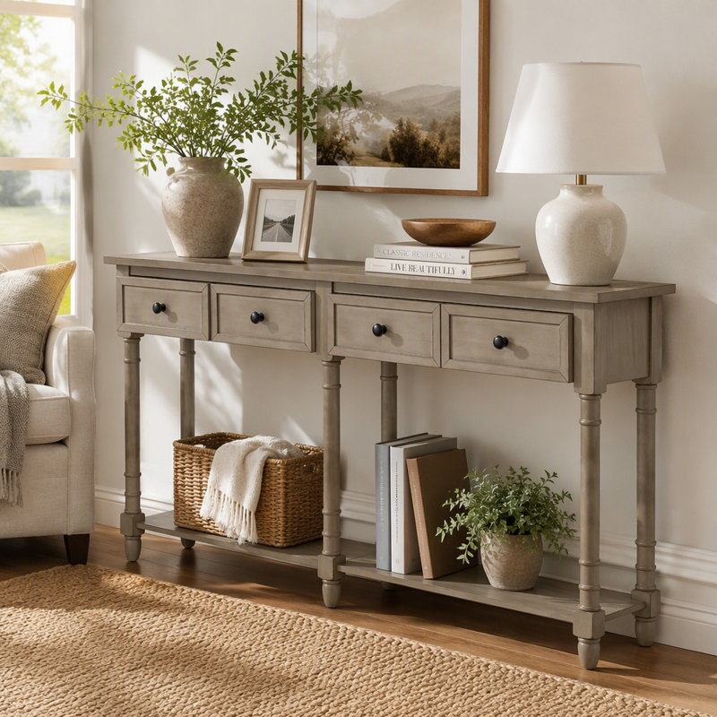 Console avec deux tiroirs de rangement et une tablette inférieure, bois lavé gris, assemblage facile pour le salon, entrée (comprend une seule table de salle à manger)