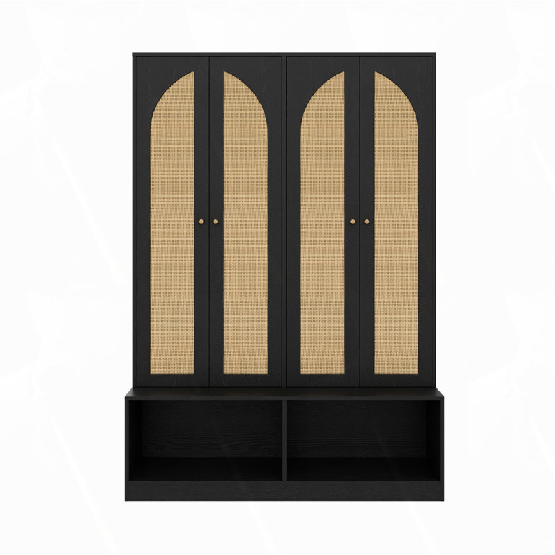 Farmhouse Widen Hall Tree with 4 Rattan Doors, Black