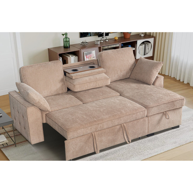Canapé d'angle modulaire 3 places multifonctionnel avec revêtement en chenille, porte-gobelet amovible et méridienne convertible en rangement, marron, plateau, design dissimulé