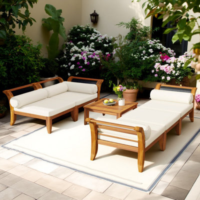 6-Piece Acacia Wood Patio Sofa Set, L-Shaped Modular Outdoor Sectional with Convertible Daybed, Tea Table, Ottoman, Cushions & Pillows, Teak + Beige
