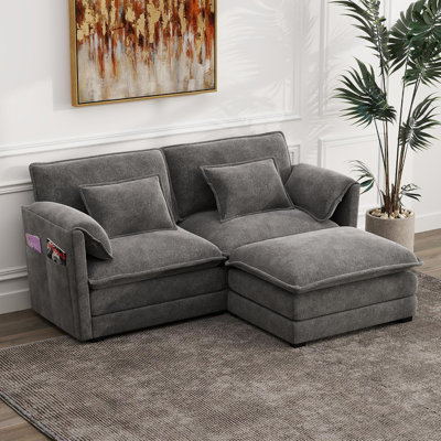 75.3" Dark Gray Chenille L Modular Sofa | Double Cushion, Zipper Pillows, Velcro, Side Pockets