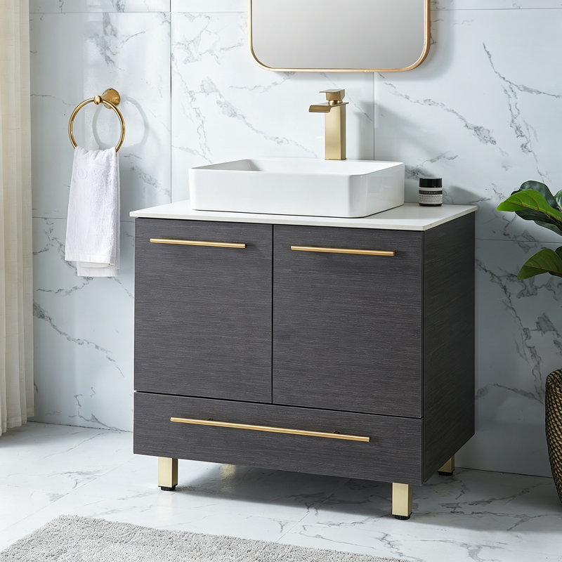Pyrs 30" Modern Wood Grain Free-Standing Single Bathroom Vanity Set, Black, Gold