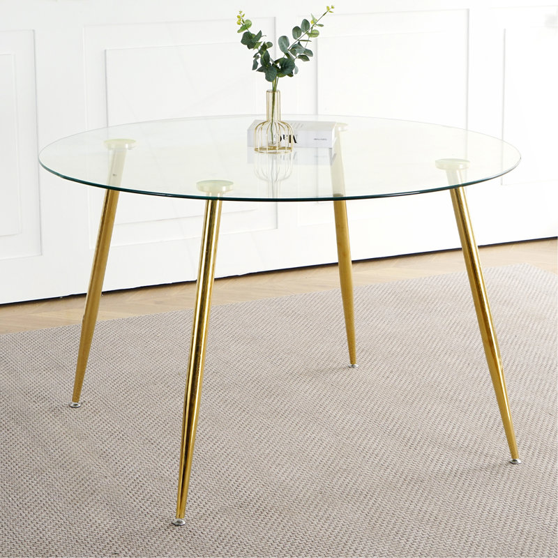 Table en verre moderne simple de 47,2 po, matériau en métal de verre trempé de haute qualité, pieds plaqués or, convient pour la cuisine de restaurant (ensemble de 1)