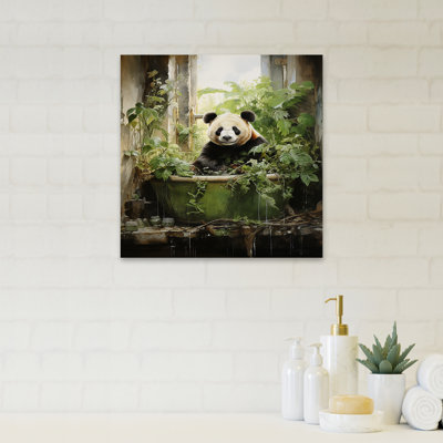 «Green Tranquil Panda Bath III - Art mural de salle de bain»