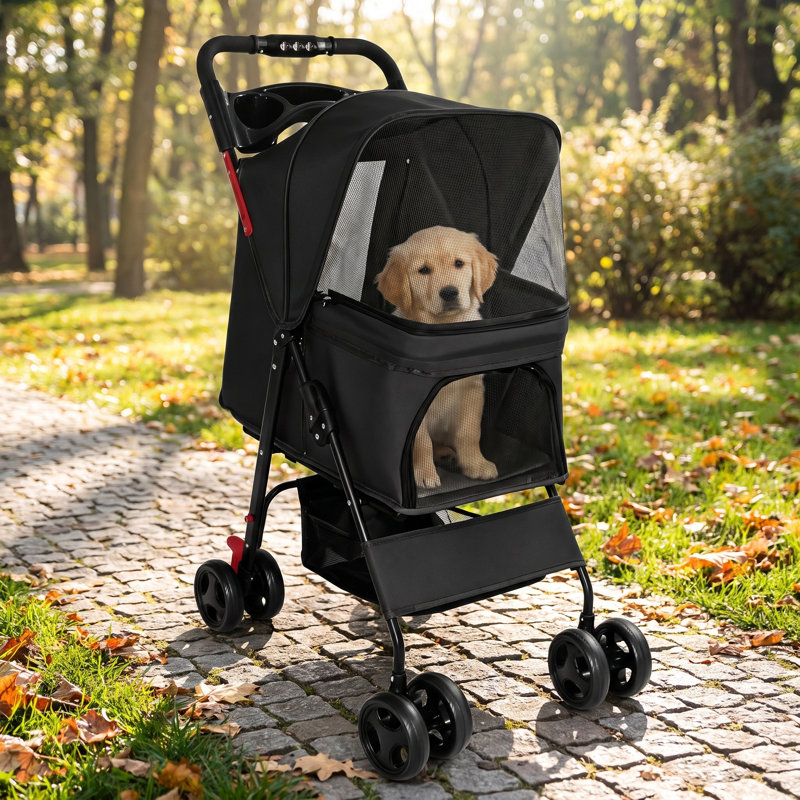 Poussette pliable pour animaux de compagnie pour petits chiens et chats, Black