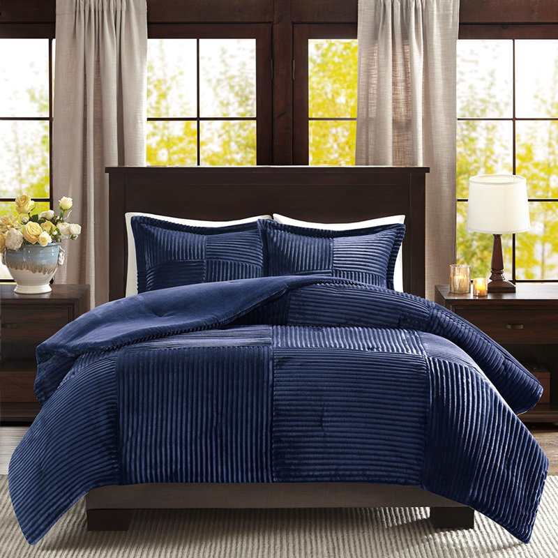 Édredon double / grand - bleu marine, dessus côtelé doux, fond uni, lavable à la machine, comprend 1 et 2 taies décoratives bleu marine, dos, se compose de