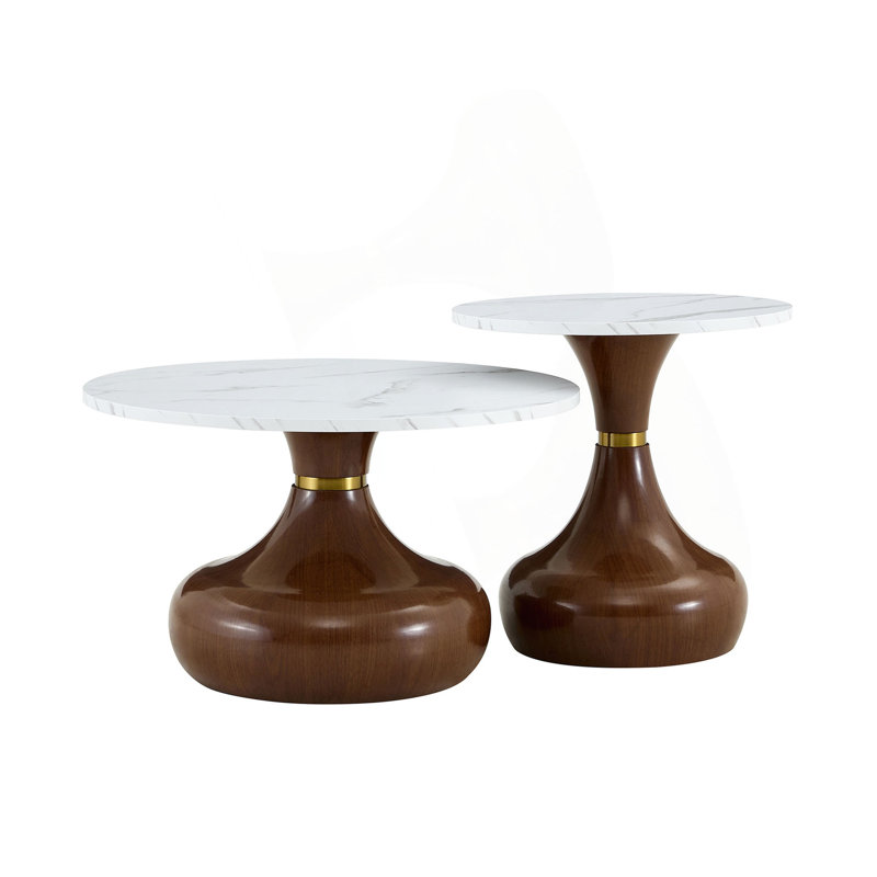 Affordable luxury gourd-shaped nesting coffee table set. Two-piece coffee table set. Ideal for living and dining rooms.
