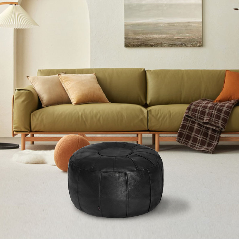 Izaiya Faux Leather Pouf, Black Faux Leather