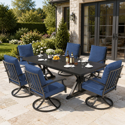 Bruyere 7-Piece Modern Dining Table Set With 6 Metal Swivel Dining Chairs And Rectangular Long Table