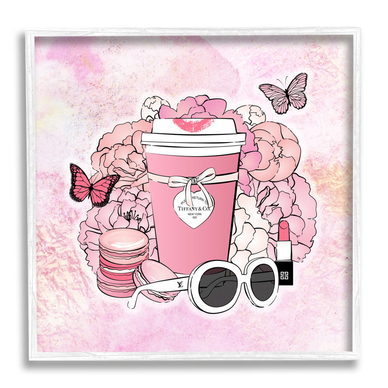 «Pink Glam Coffee» et accessoires encadrés sur bois par Martina Pavlova, Giclée encadrée blanc bord de mer