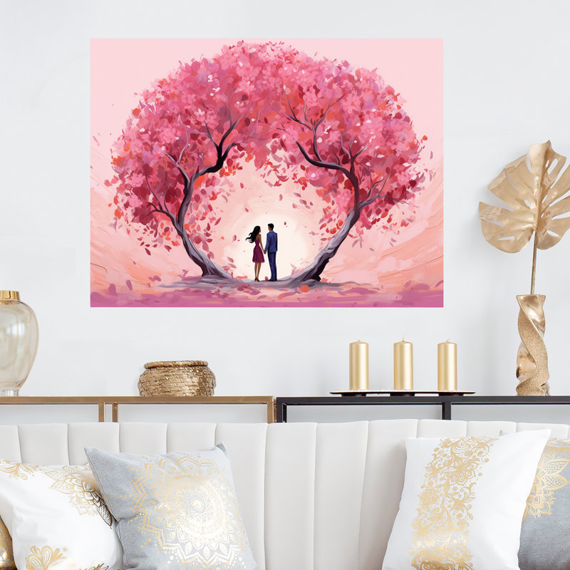 Couple romantique sous un arbre rose I - art mural romantique en métal, H 12 po x l 20 po x P 1 po
