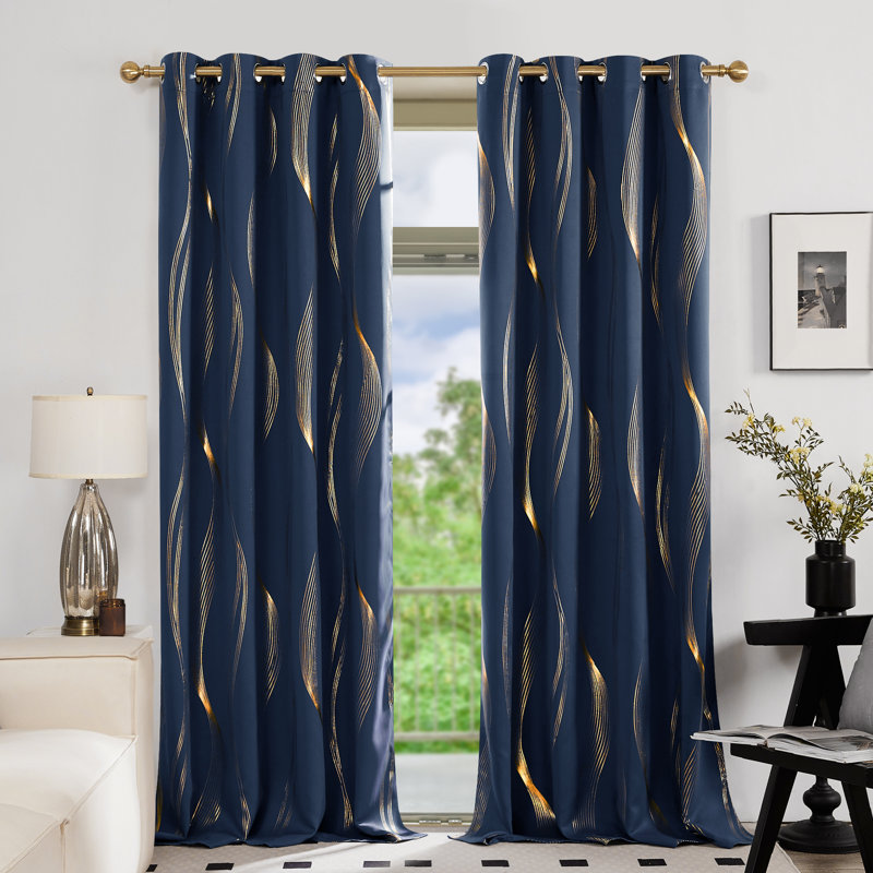 Geometric Blackout Thermal Curtain Pair, 52" W x 63" L, Navy Blue