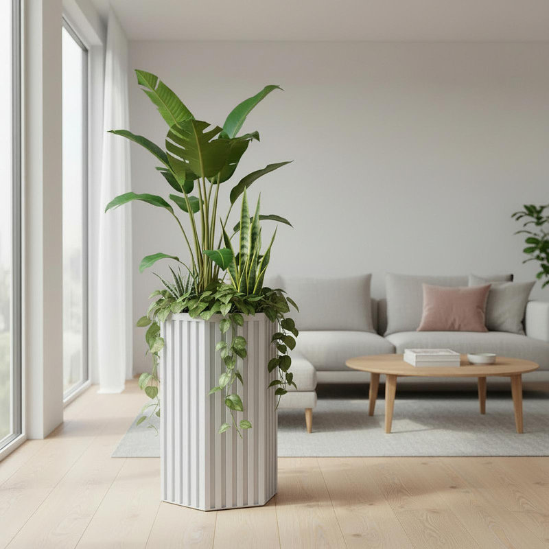 Hexagon Column Planter SM - White, H 30,25 po x l 16,5 po x P 14,38 po, White