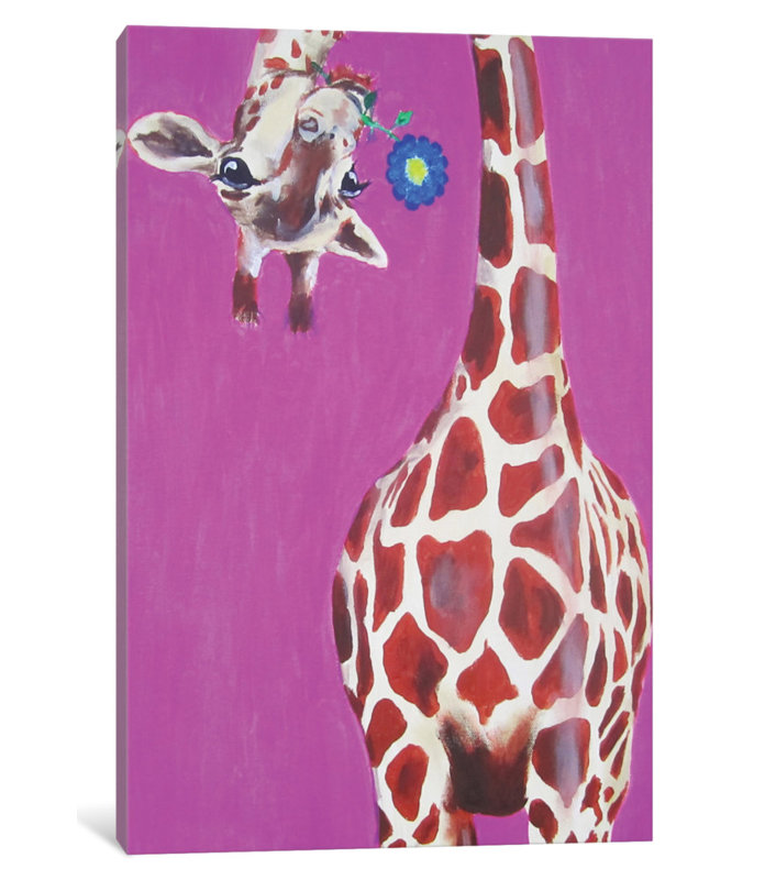 «Giraffe with Blue Flower», peinture sur toile tendue, H 26 po x l 18 po x P 1,5 po, Toile tendue, Pas de tapis