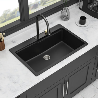 33"X22" Black Quartz Sink For Kitchen, Workstation Plan With Pull-Out Faucet & Waterfall Flame 33X22" Kitchen In Quartz, Feature, Effect
