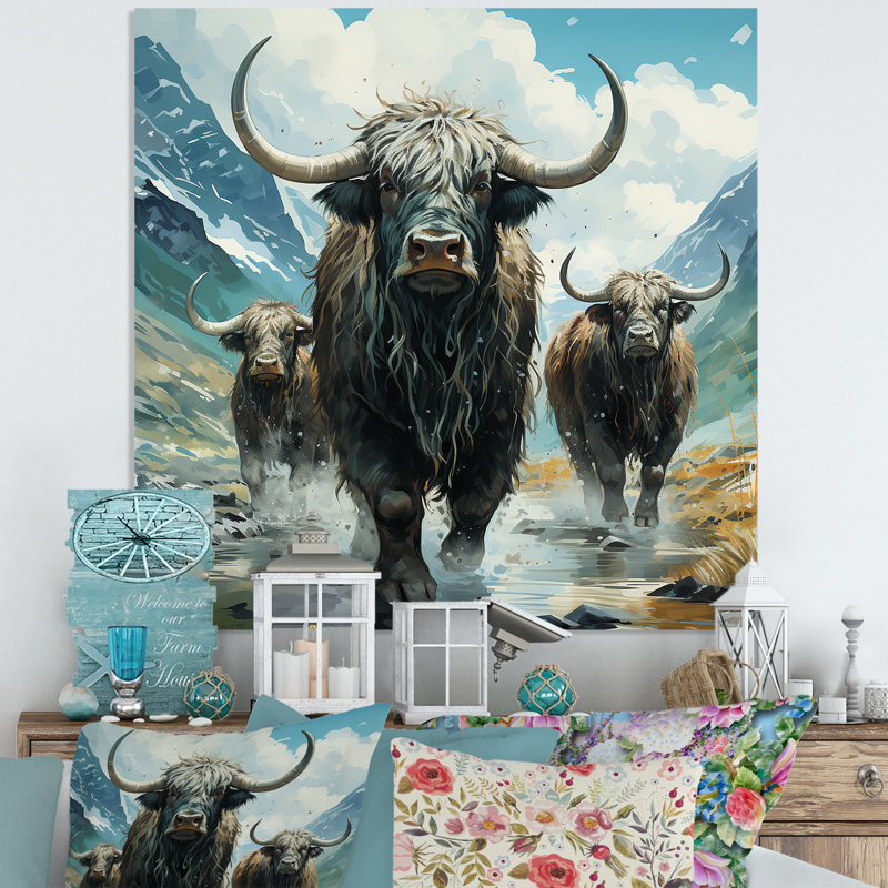 «Brown Yaks Highland Mountain Charm II», art mural Yaksmetal, H 16 po x l 16 po x P 1 po