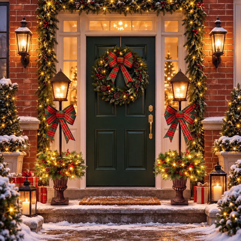 Décor de lampadaire de Noël pré-illuminé avec lumières DEL blanc chaud, nœud à carreaux, pommes de pin, baies rouges et base en forme d'urne vintage