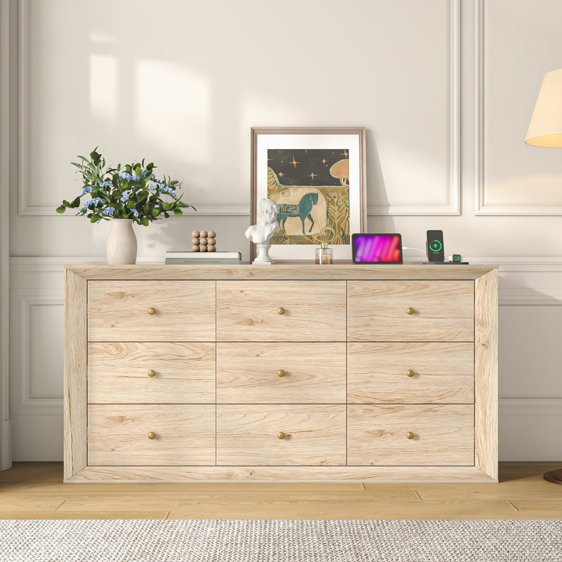 Mid-Century Modern 9-Drawer Wood Dresser With Built-In Power Outlets, Wide Storage Chest For Bedroom Or Living Room, Beige