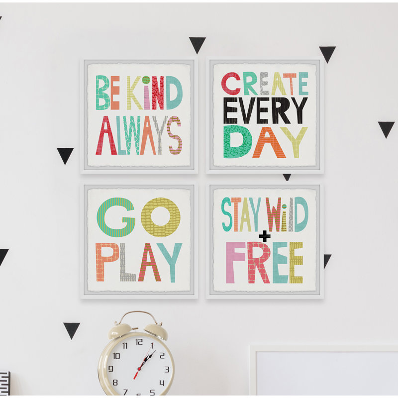 Fontaine Be Kind Always, ensemble de 4 reproductions encadrées, H 32 po x l 32 po x P 1,5 po, Cadre blanc