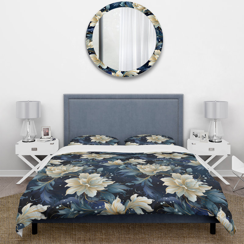 Ensemble de housse de couette Astral Blue White Damask Radiance III, Housse de couette simple + 1 taie décorative stan