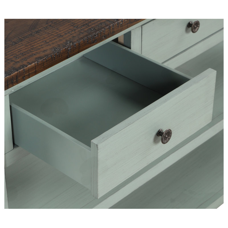 Console moderne 48 po, plateau en bois de pin massif, 3 tiroirs et 2 tablettes ouvertes, bleu et brun rétro, facile à assembler