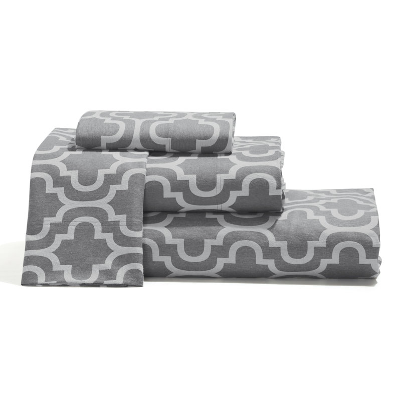 Scotia Trellis 100% Cotton Flannel Sheet Set, King Sheet Set + Fitted Sheet + 2 Pillowcases, Gray Trellis