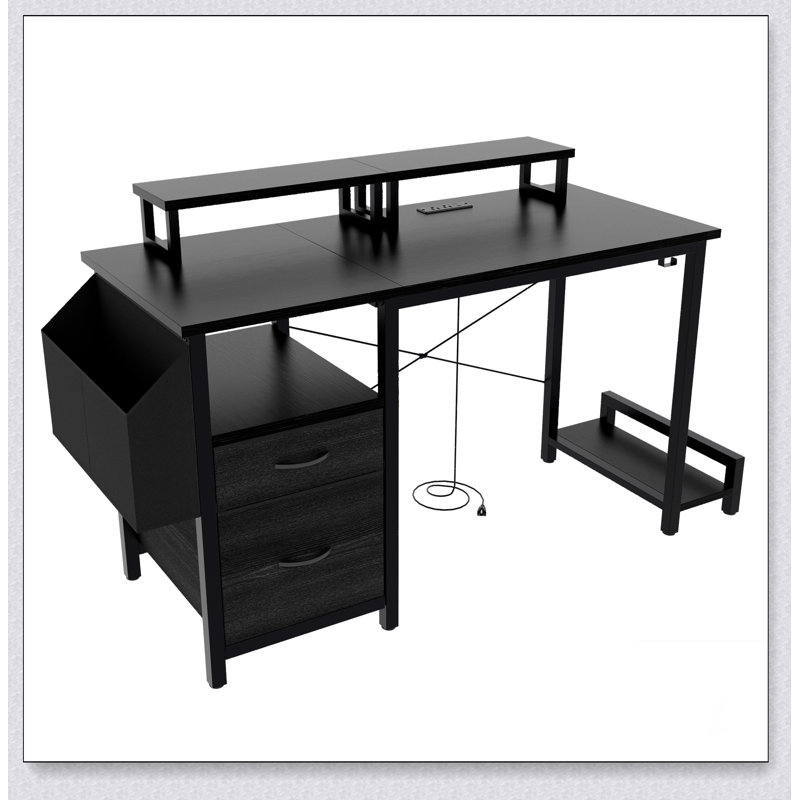 47.3"office desk with power outlet,2 Monitor Stands,2 drawers,Side Pocket,Easy to Assemble,Frame stability Reversible,use for home desk, computer desk, game table