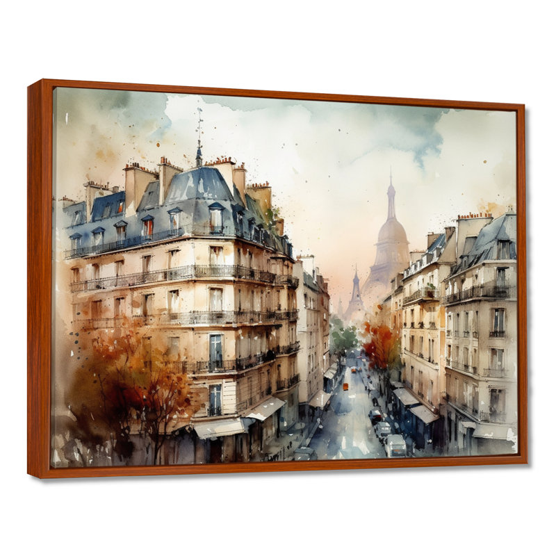 Aquarelle de Paris, France I sur impression sur toile, H 16 po x l 32 po x P 1 po, Cadre flottant brun
