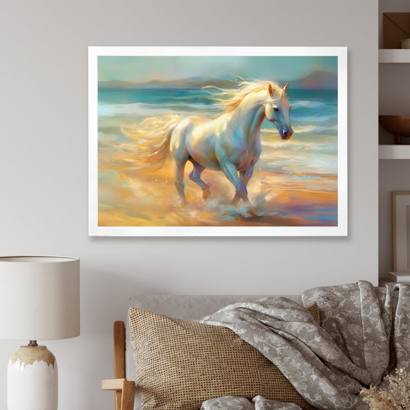 Cheval sur la plage I - art mural cheval, H 24 po x l 32 po x P 1 po, Cadre simple blanc