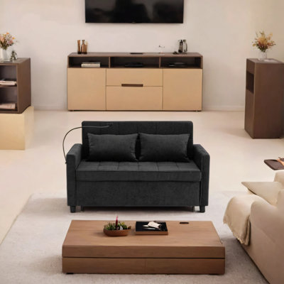 Causeuse de 56,9 pouces avec coussins de dossier réversibles, poches latérales, deux ports USB et support pour téléphone portable, canapé-lit escamotable pour le salon