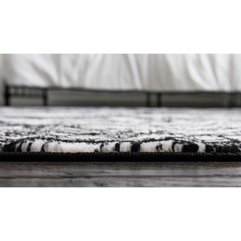 Tapis blanc / noir à motif géométrique Hewan, Rond 5 pi 3 po