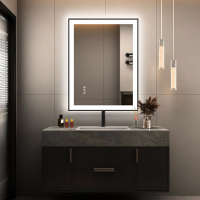 Miroir de salle de bain à DEL 28 po x 20 po avec éclairage avant et rétroéclairé, antibuée, 3 couleurs et lumière à intensité variable, verre trempé