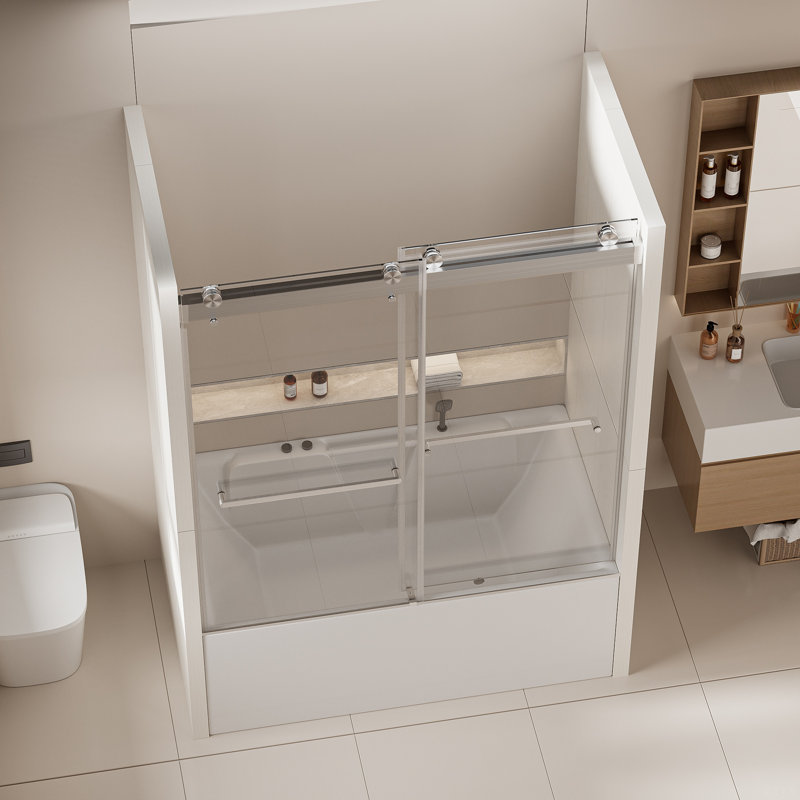 56-60 In. W X 62 In. H Frameless Double Sliding Tub Door, Bypass Tub Shower Door Soft Closing, Brushed Nickel