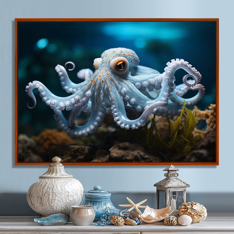 Blue Octopus Serene submersion - impression, H 34 po x l 44 po x P 1,5 po, Cadre flottant brun