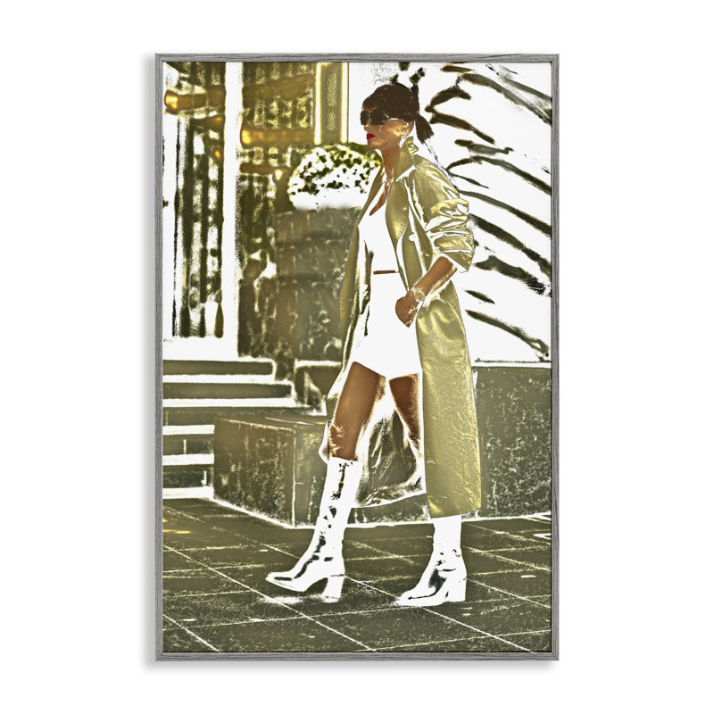  Girl in Gold Trenchcoat White Framed Giclee Art by Graffi*tee Studios, H 18 po x l 12 po, Gris