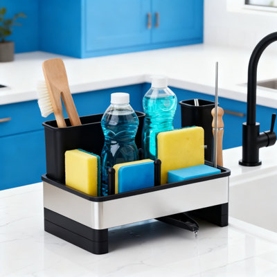Ensemble de chariot d'évier en acier inoxydable avec drain automatique, éponge antirouille et porte-brosse, organisateur d'évier de cuisine à compartiments multiples pour comptoir