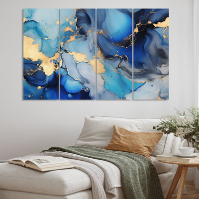 Ensemble de salon bleu et or, art abstrait fluide de luxe II - fractales en métal