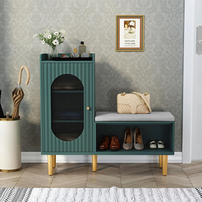 Green L-Shaped Storage Bench with Glass Door and Shelf