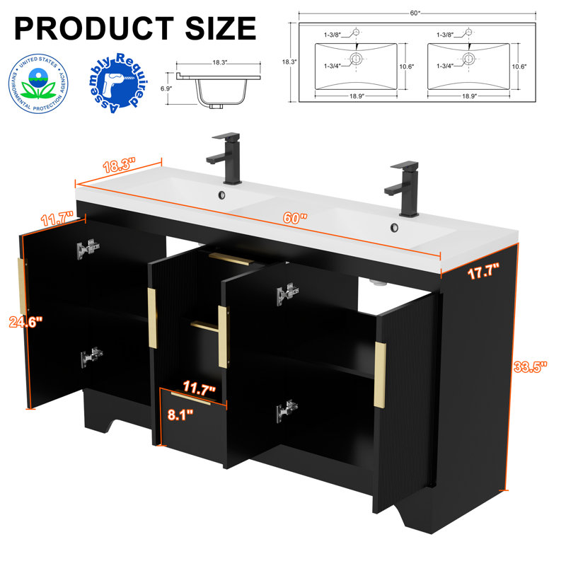 Skeen 60" Double Sink Bathroom Vanity Set With Resin Sink Top, Faucet, Assembly Required, Black