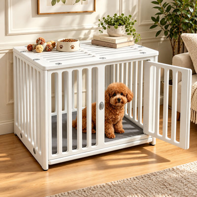 Small White HDPE Dog Crate Furniture with Reversible Mat, Plastic Dog Kennel Indoor for Puppy Cage End Side Table