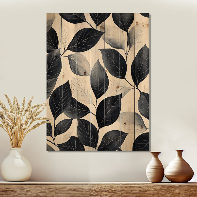 Black Beige Leaves Gentle Breeze I - Leaves Wood Wall Art - On Natural Pine Wood, 20" H x 10" W x 0.78" D