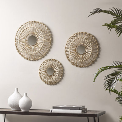  3-Piece Round Natural Corn Husk Woven Wall Decor Set with Center Mirror, Modern Boho Style, Neutral