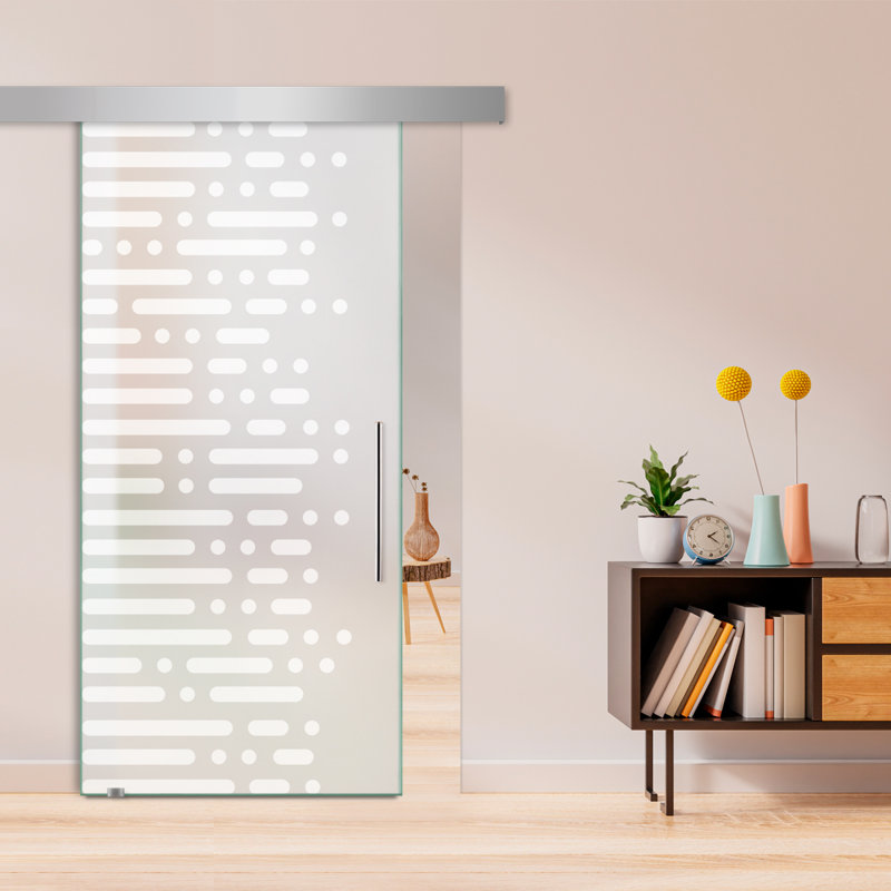 Porte de grange coulissante en verre sans cadre avec design moderne sablé + ensemble de quincaillerie (double-privée)